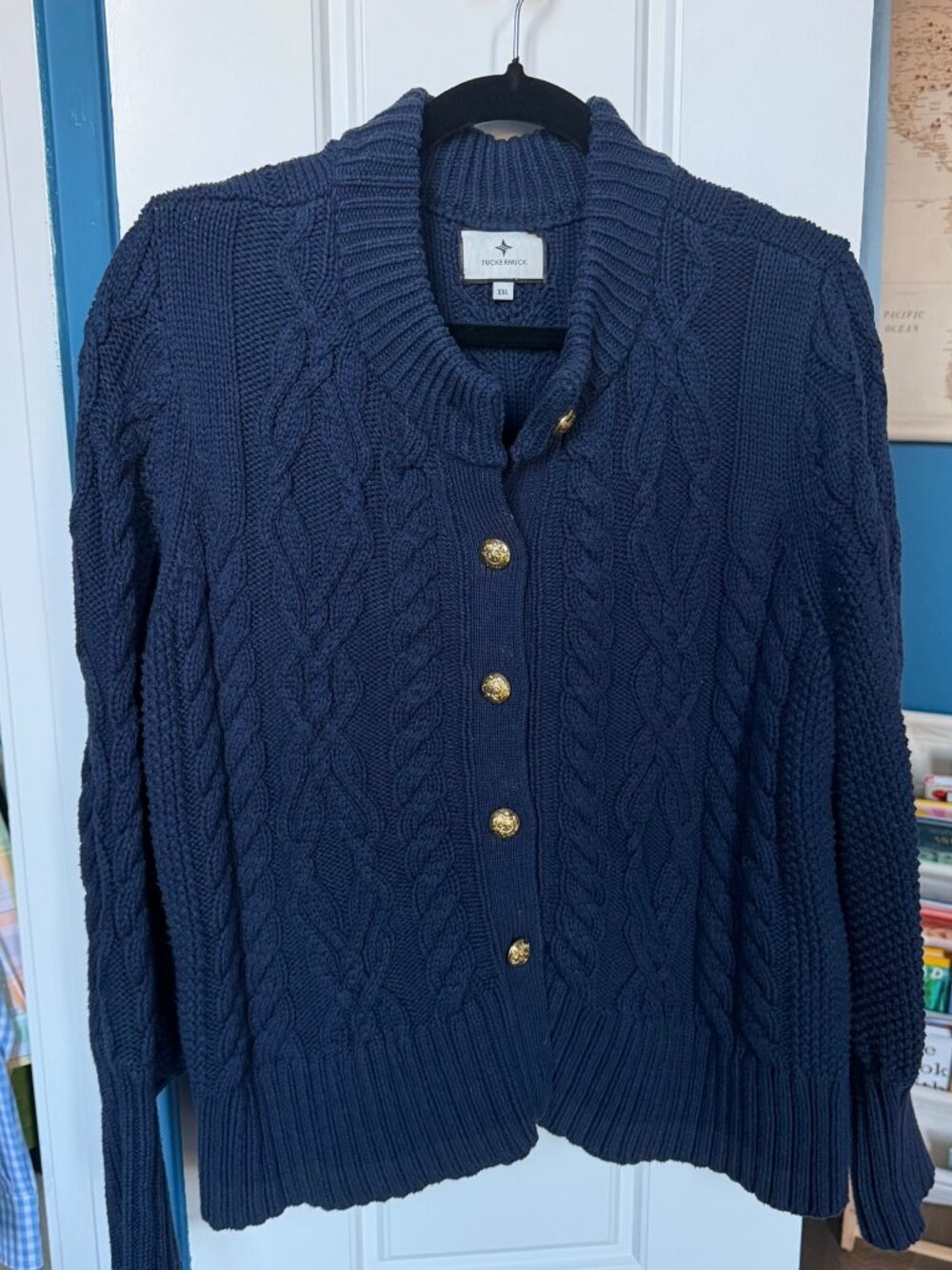Tuckernuck Navy Cable Knit Cardigan Gold Buttons